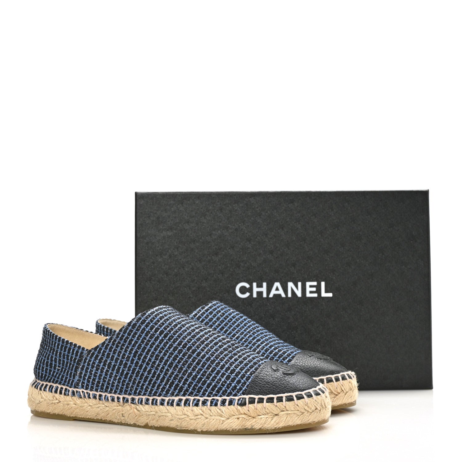 Chanel Grained Calfskin Tweed CC Espadrilles 40 Black Blue 9 of 9