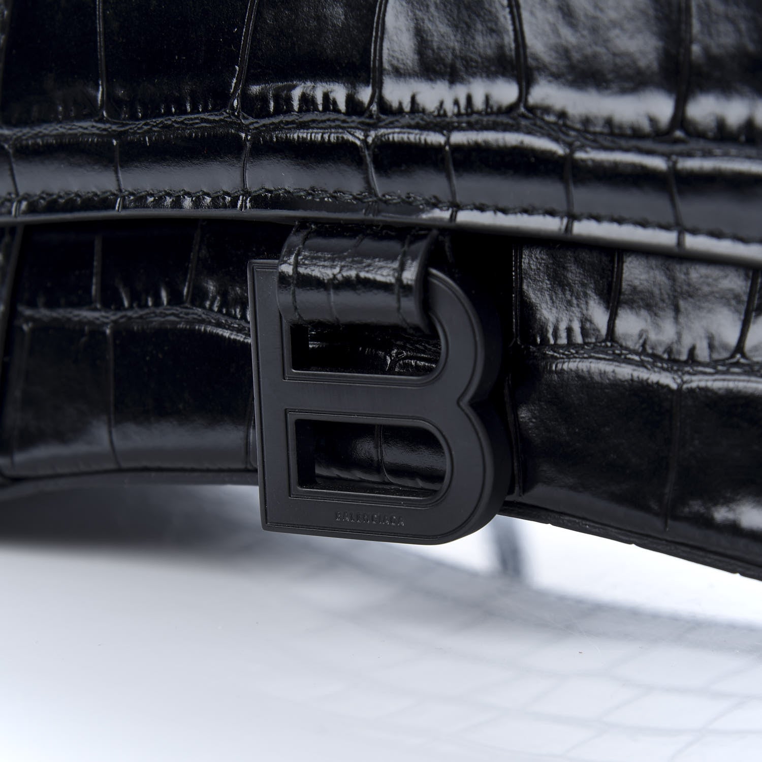 Balenciaga Shiny Calfskin Monochrome Crocodile Embossed Small Hourglass Top Handle Bag Black 9 of 9