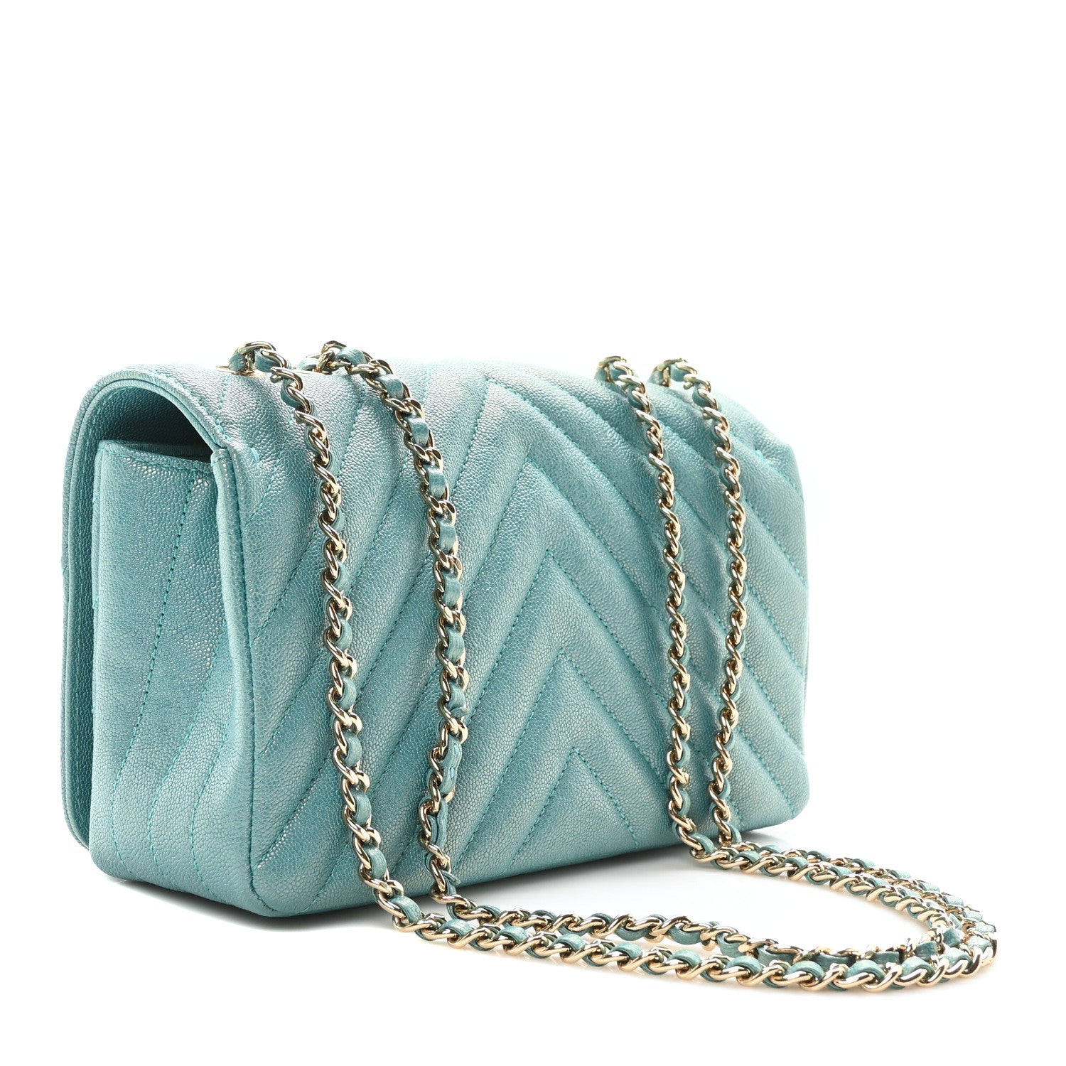 Chanel Metallic Caviar Chevron Quilted Small Statement Flap Turqouise 3 of 10