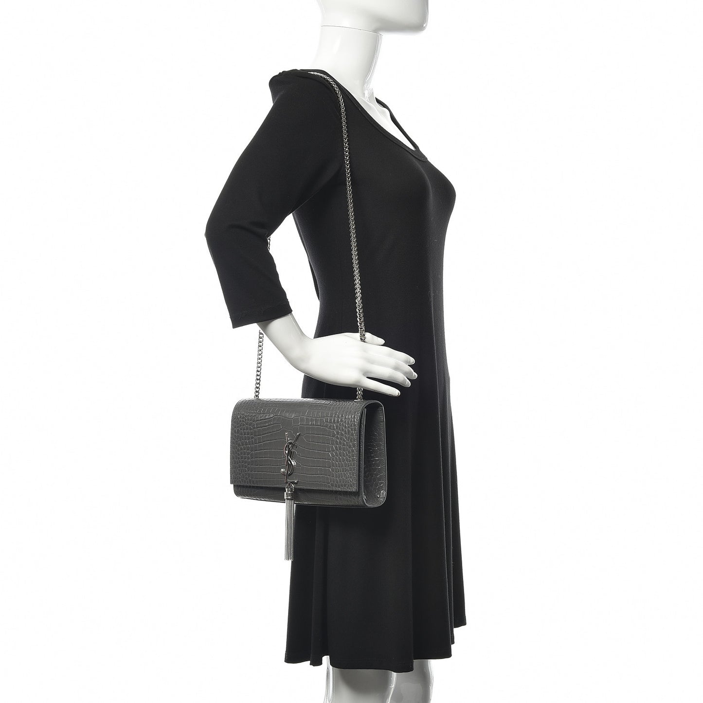Calfskin Crocodile Embossed Medium Classic Monogram Kate Tassel Satchel Fog