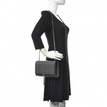 Saint Laurent Calfskin Crocodile Embossed Medium Classic Monogram Kate Tassel Satchel Fog 2 of 9