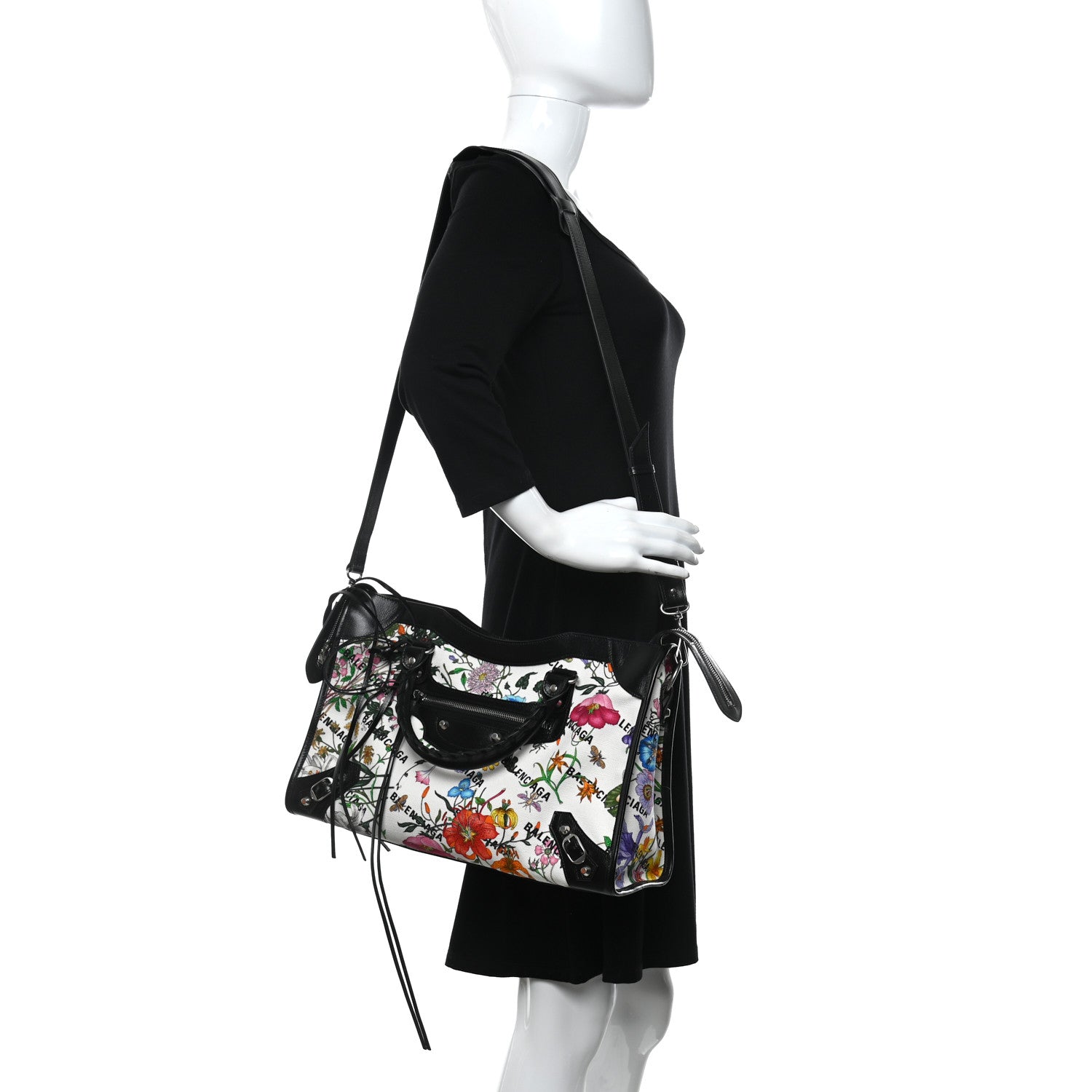 Balenciaga X GUCCI Canvas Azalea Calfskin Flora Logo Print Neo Classic Silver Hardware Medium City White Multicolor Black 2 of 10