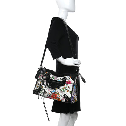 Balenciaga X GUCCI Canvas Azalea Calfskin Flora Logo Print Neo Classic Silver Hardware Medium City White Multicolor Black 2 of 10