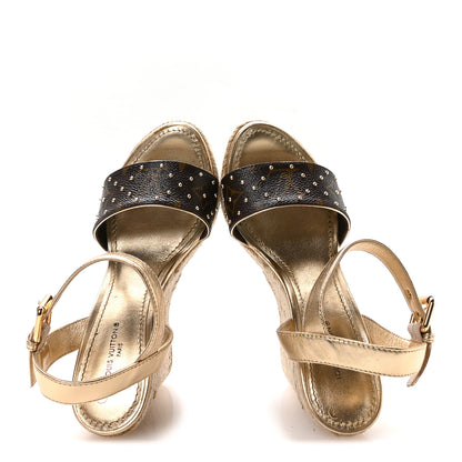 Louis Vuitton Metallic Monogram Calfskin Studded Wedge Sandals 35 Gold 2 of 9