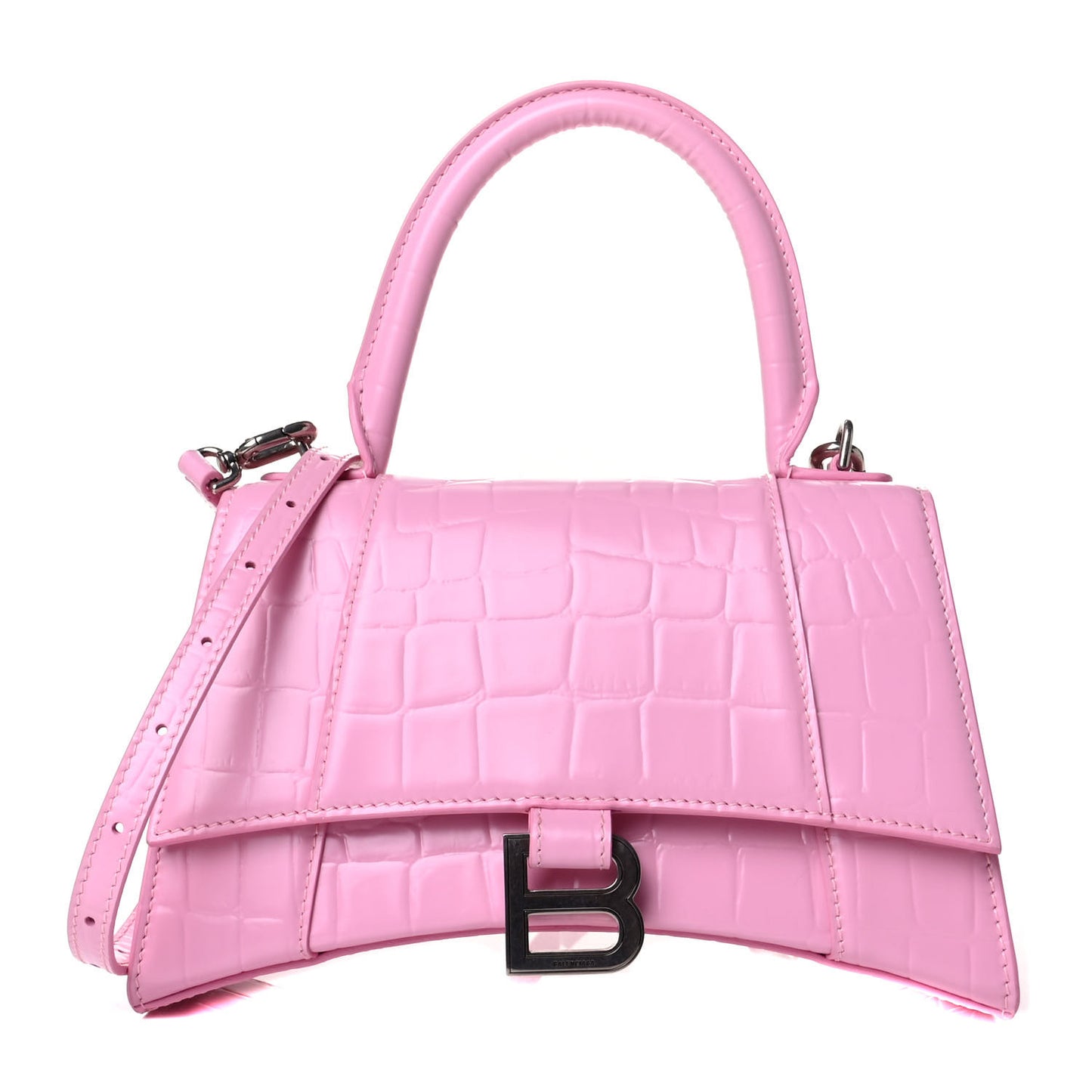 Semi Shiny Calfskin Crocodile Embossed Small Hourglass Top Handle Bag Pink