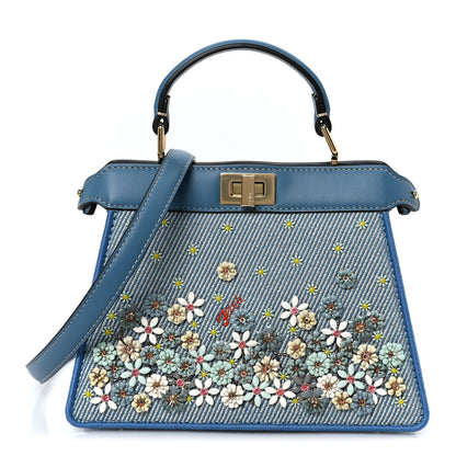 Fendi Woven Fabric Calfskin Floral Embroidered Petite Peekaboo I SEE U Satchel Blue 1 of 10