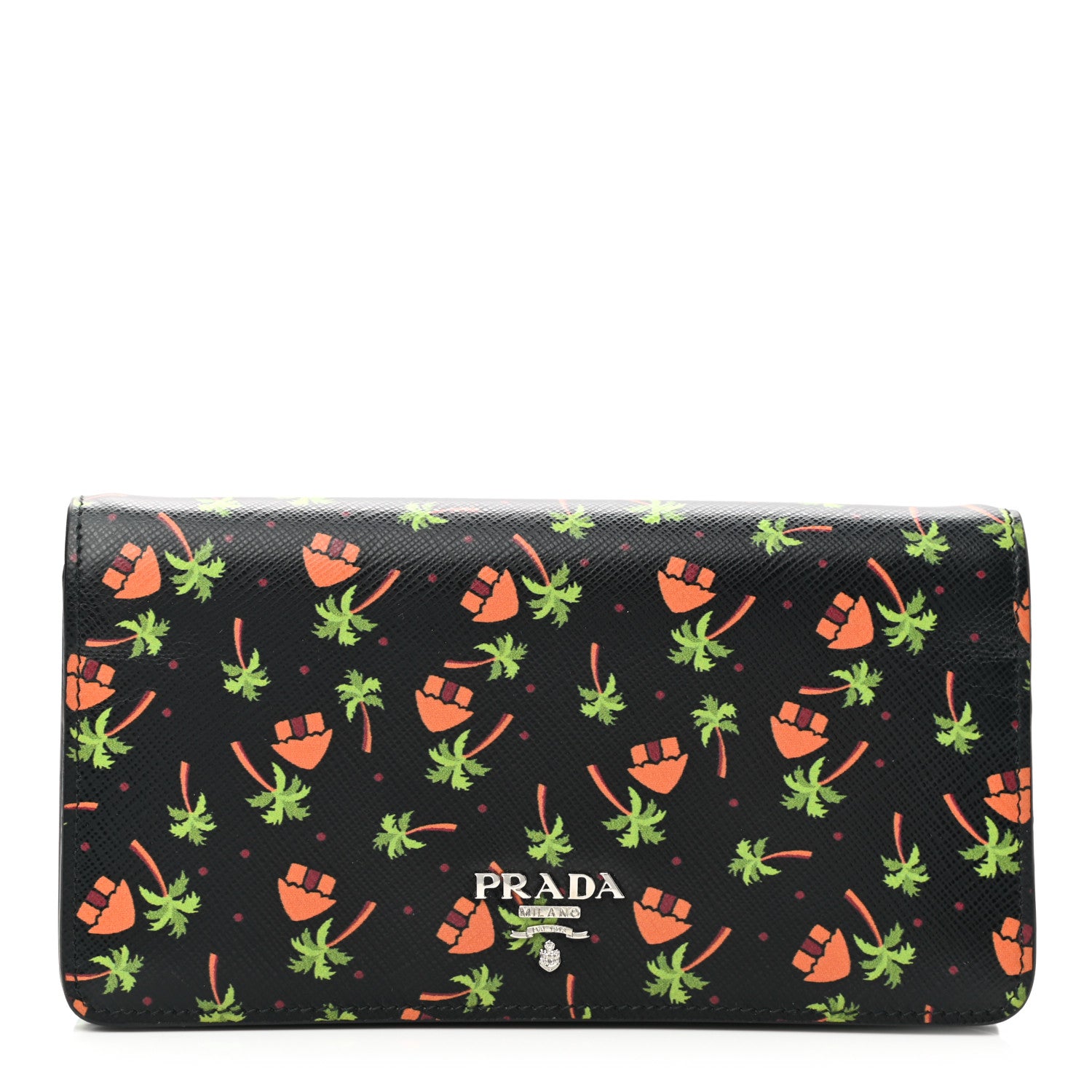 Prada Saffiano Palm Tree Print Chain Wallet Black 1 of 7