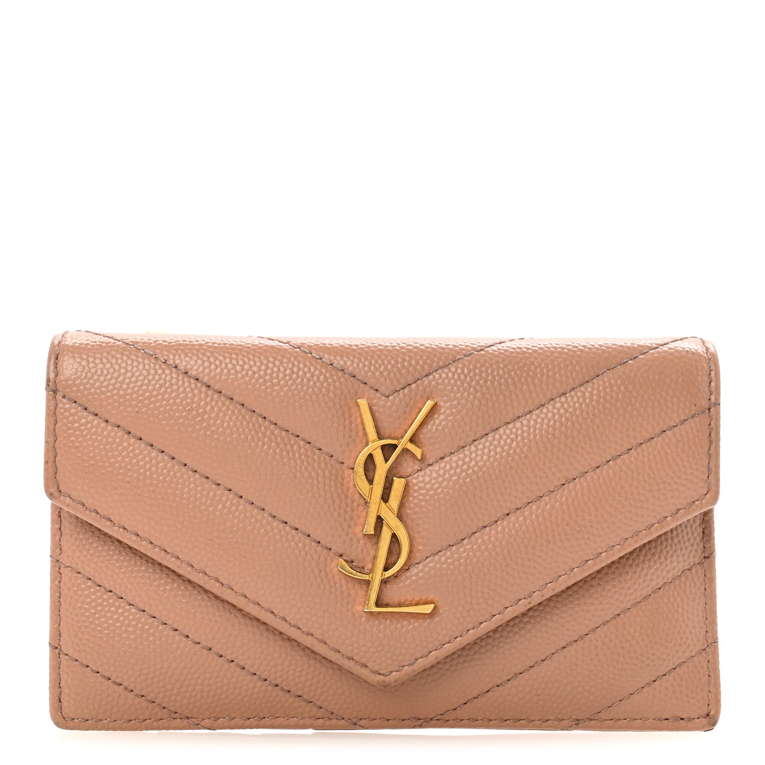 Saint Laurent Grain De Poudre Matelasse Chevron Monogram Compact Wallet Case Dark Beige 1 of 10