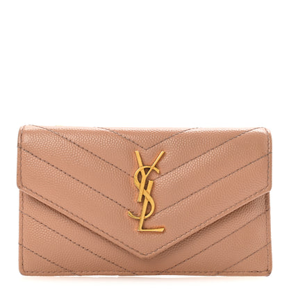 Saint Laurent Grain De Poudre Matelasse Chevron Monogram Compact Wallet Case Dark Beige 1 of 10