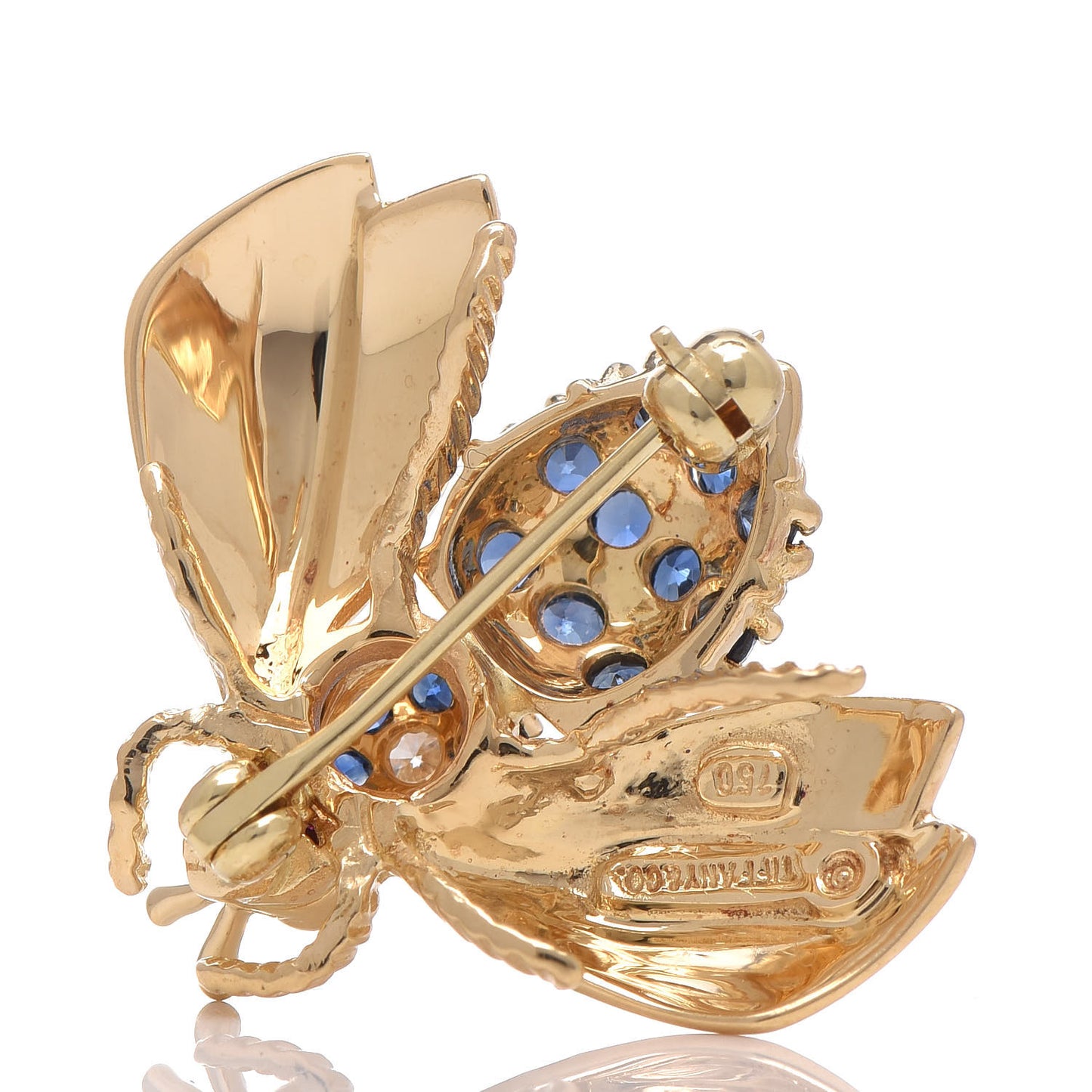 18K Yellow Gold Diamond Blue Sapphire Bee Pin Brooch