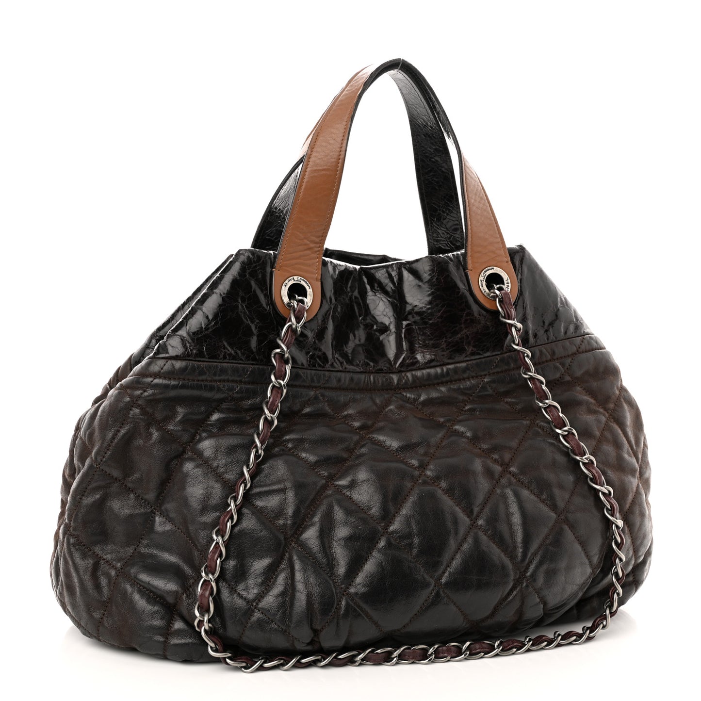 Iridescent Calfskin Quilted Large In The Mix Tote Dark Brown