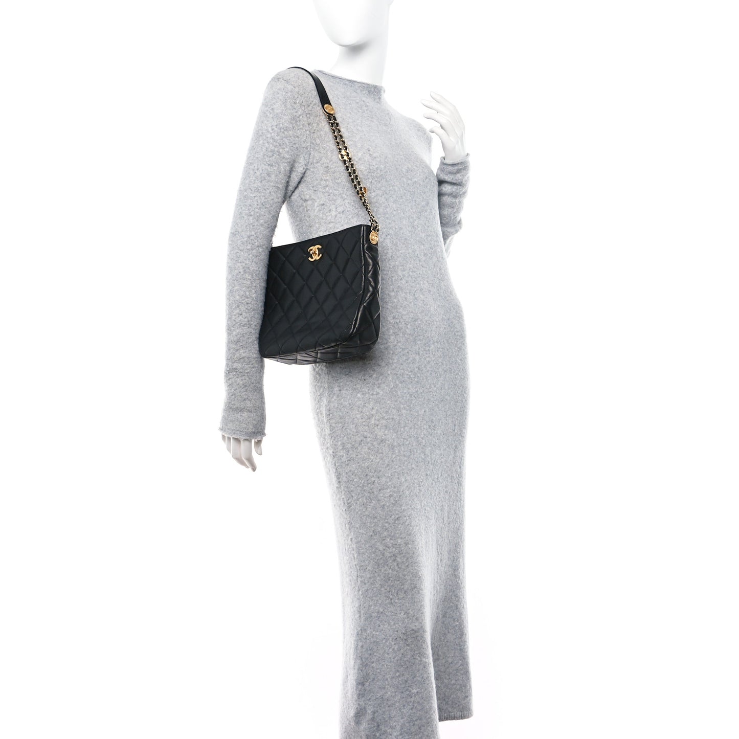 Caviar Quilted Twist Your Buttons Hobo Black