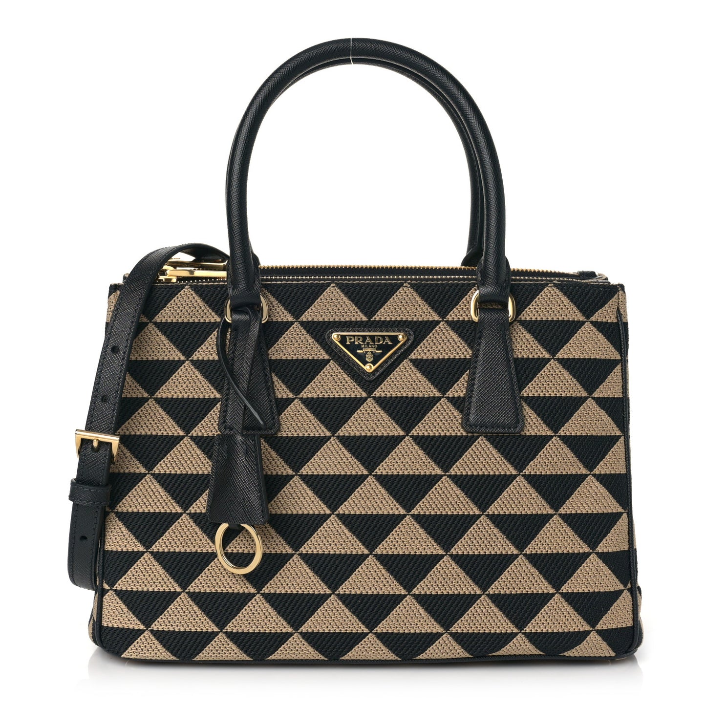 Jacquard Saffiano Triangolo Symbole Embroidered Small Galleria Double Zip Tote Black Corda