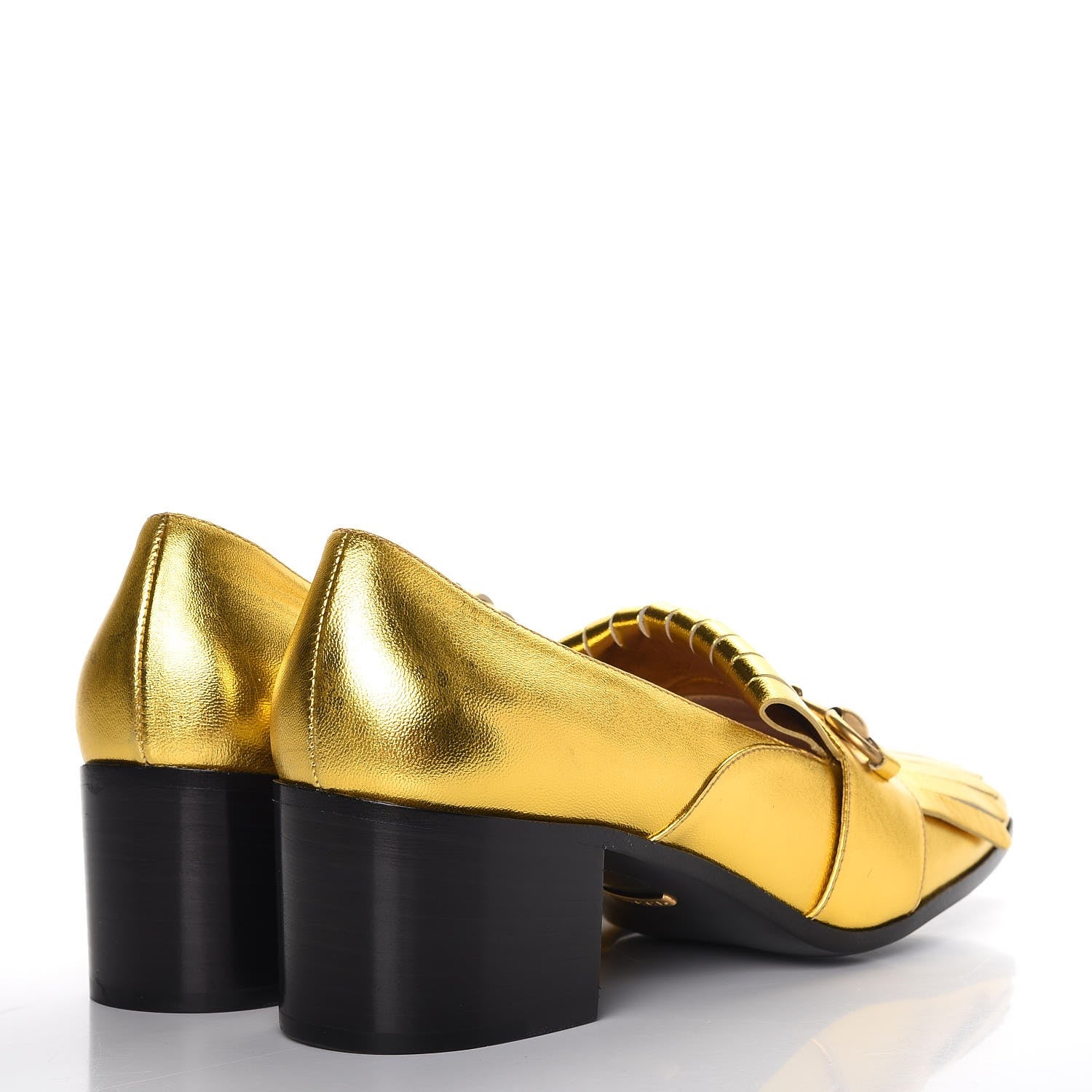 Gucci Metallic Nappa Silk Polly Kiltie Fringe 55mm Loafer Pumps 38.5 Oro Vecchio 4 of 11