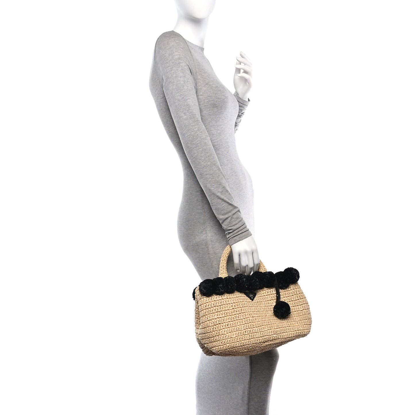 Raffia Crochet Giardiniera Pom Pom Tote Naturale Black