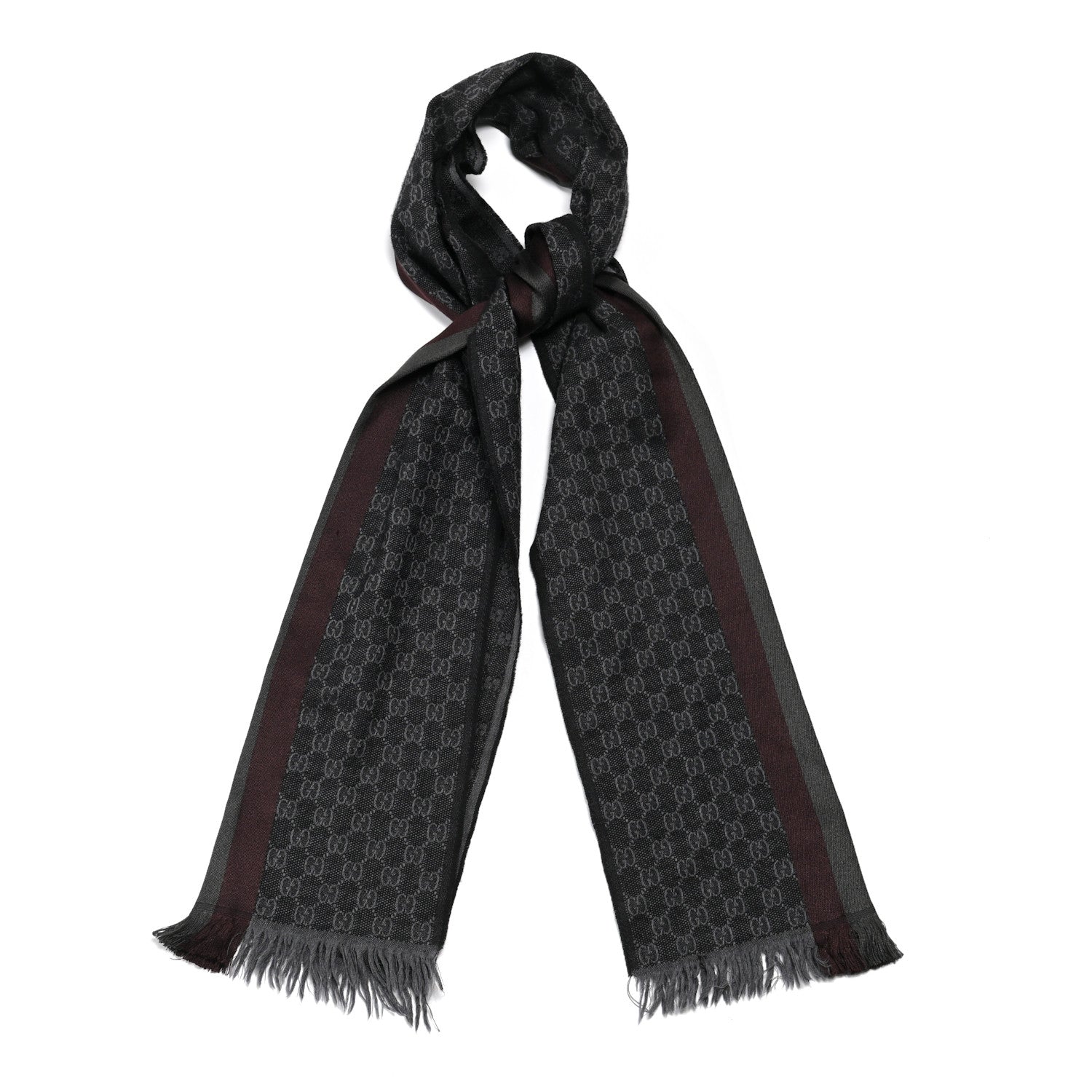 Gucci Wool Silk GG Monogram Web Verbier Fringe Scarf Charcoal 1 of 4