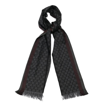 Gucci Wool Silk GG Monogram Web Verbier Fringe Scarf Charcoal 1 of 4