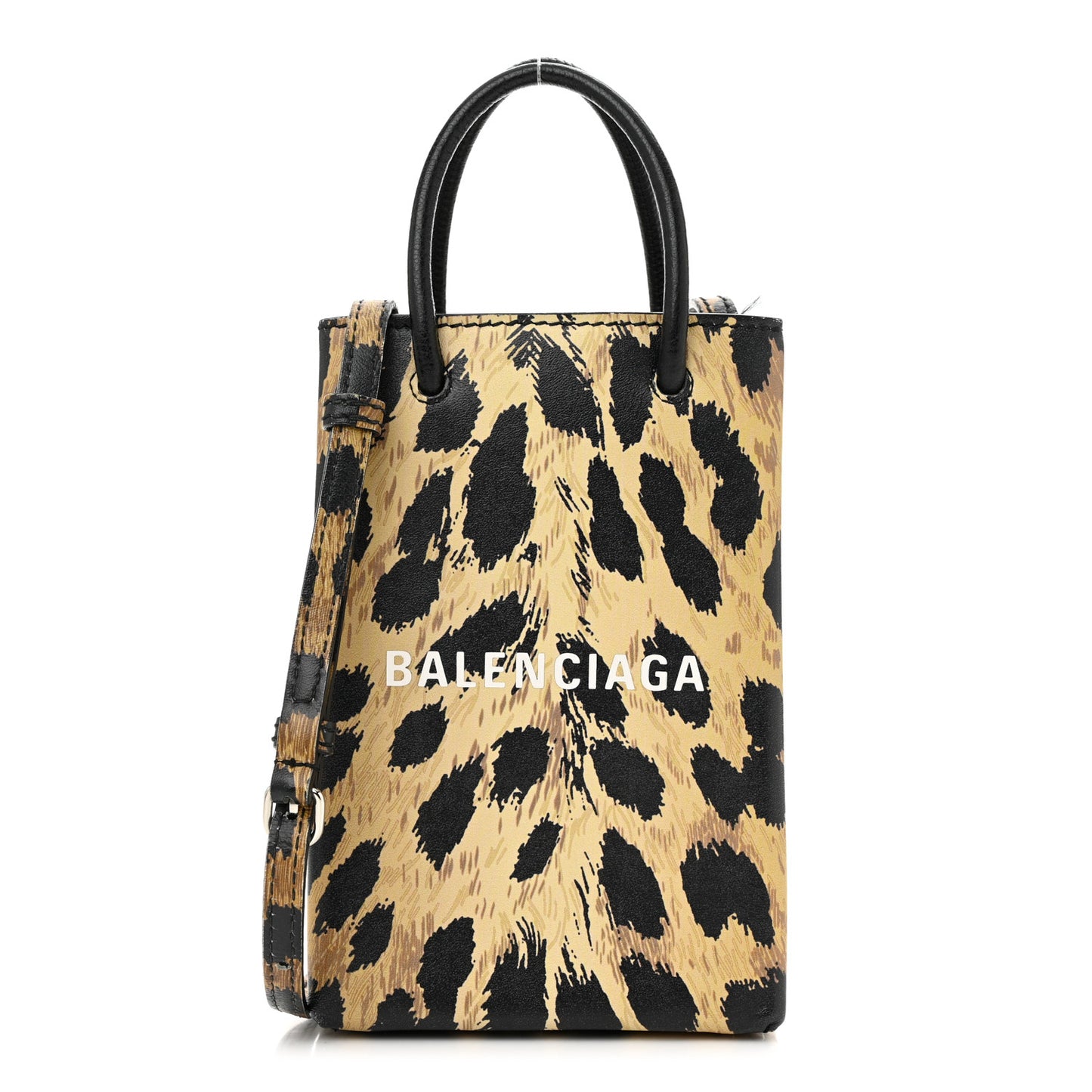 Smooth Calfskin Leopard Print Logo Shopping Phone Holder Bag Beige Black