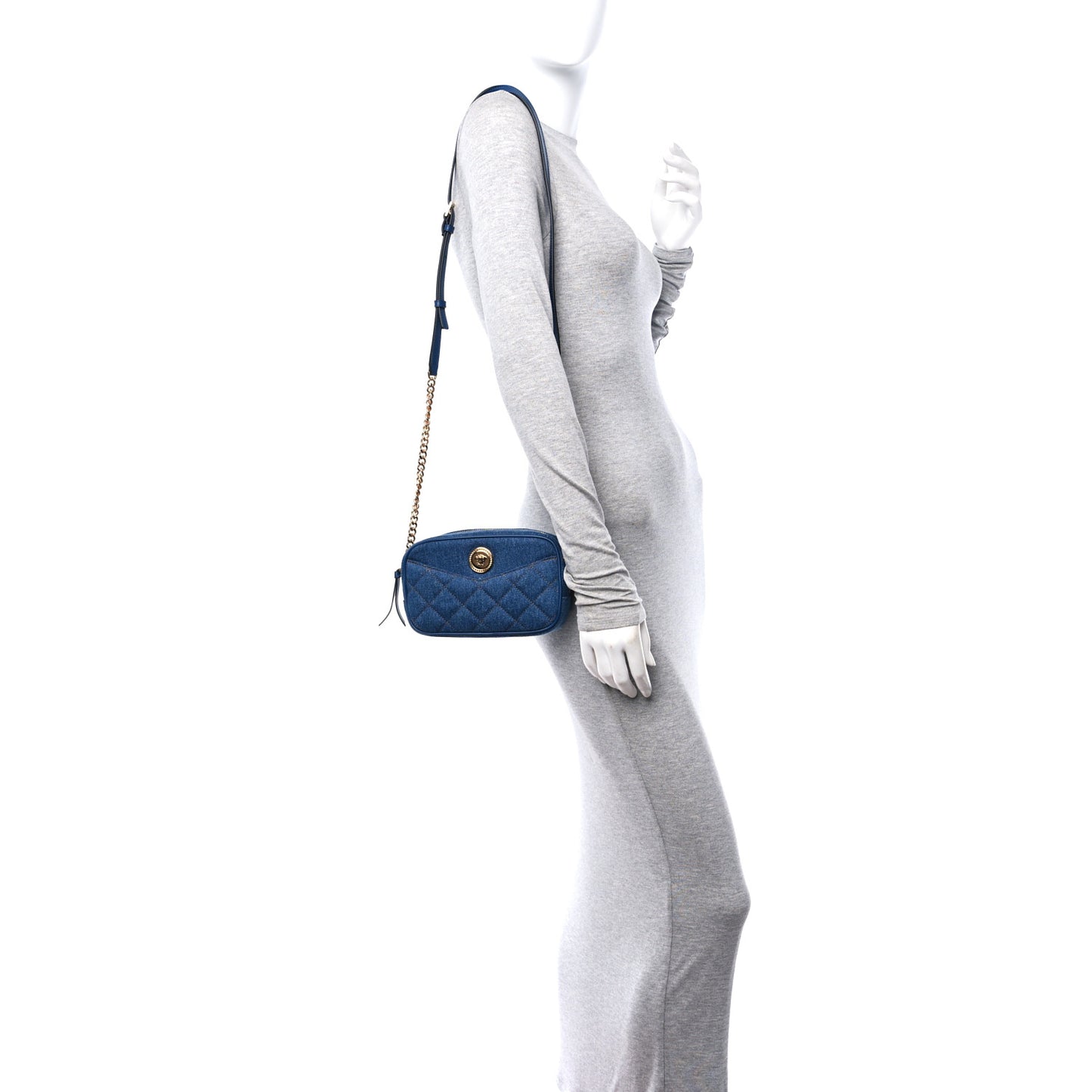 Denim Quilted La Medusa Camera Bag Blue