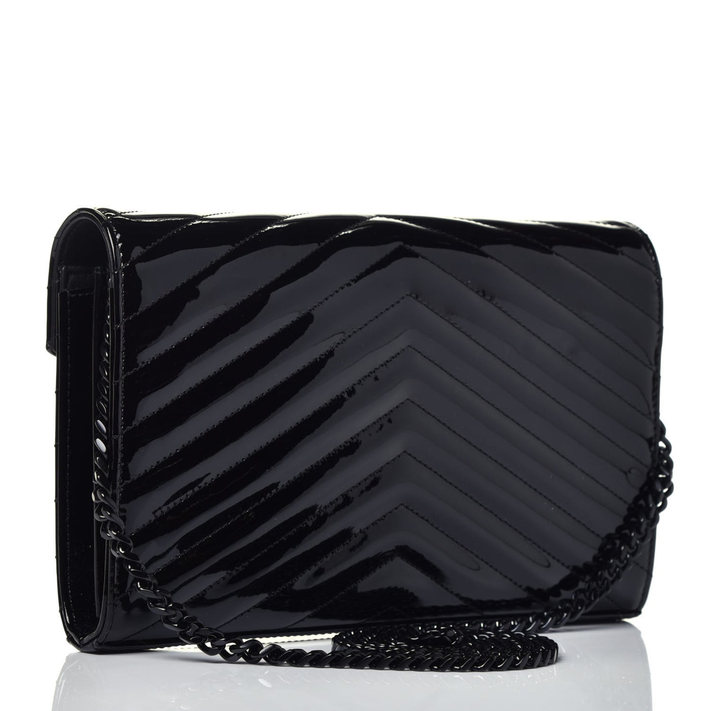 Patent Matelasse Chevron Monogram Chain Wallet Black