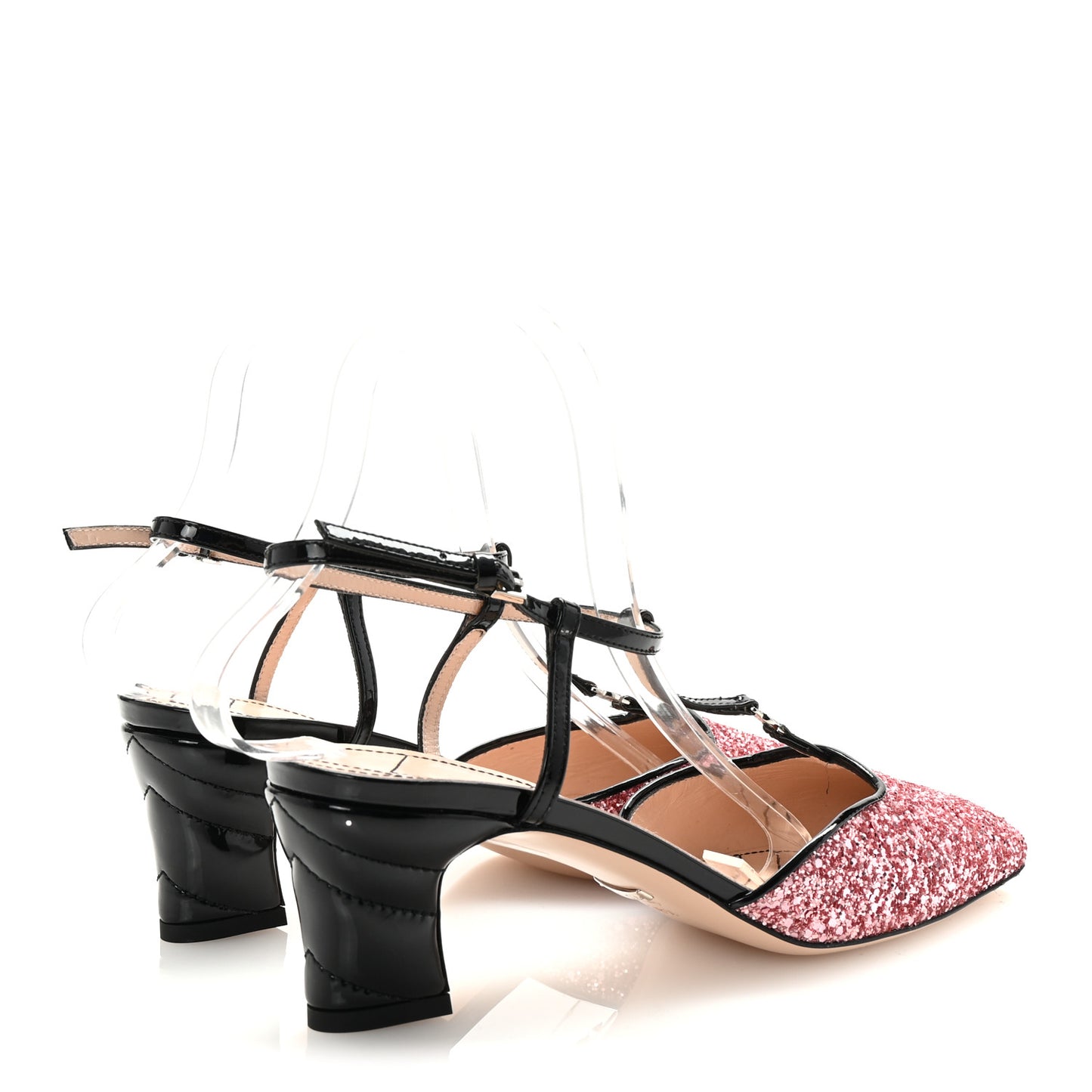 Calfskin Glitter Double G 55mm Slingback Pumps 38.5 Black Pink Glitter