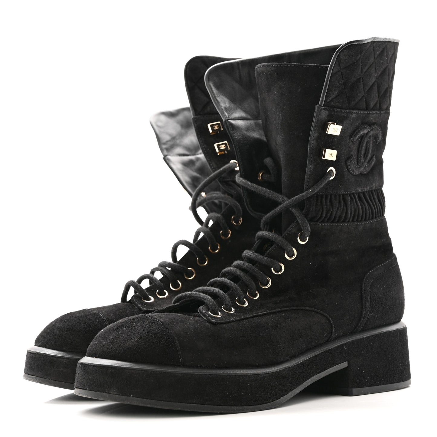 Suede Quilted Lace Up Combat Boots 38.5 Black