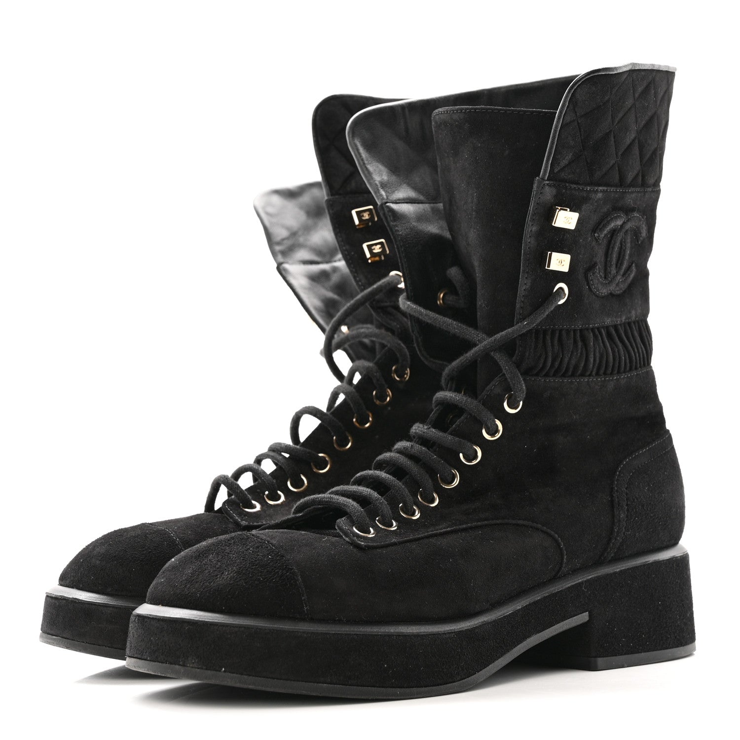 Chanel Suede Quilted Lace Up Combat Boots 38.5 Black 4 of 13