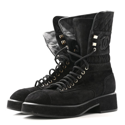 Chanel Suede Quilted Lace Up Combat Boots 38.5 Black 4 of 13