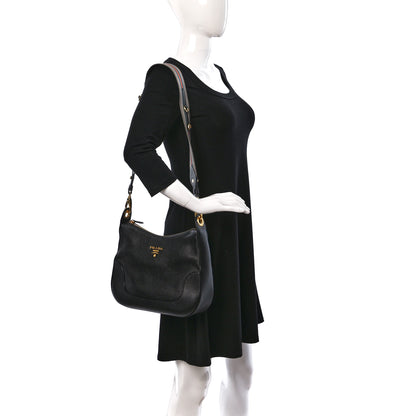 Prada Vitello Daino Zippered Messenger Hobo Black 2 of 8