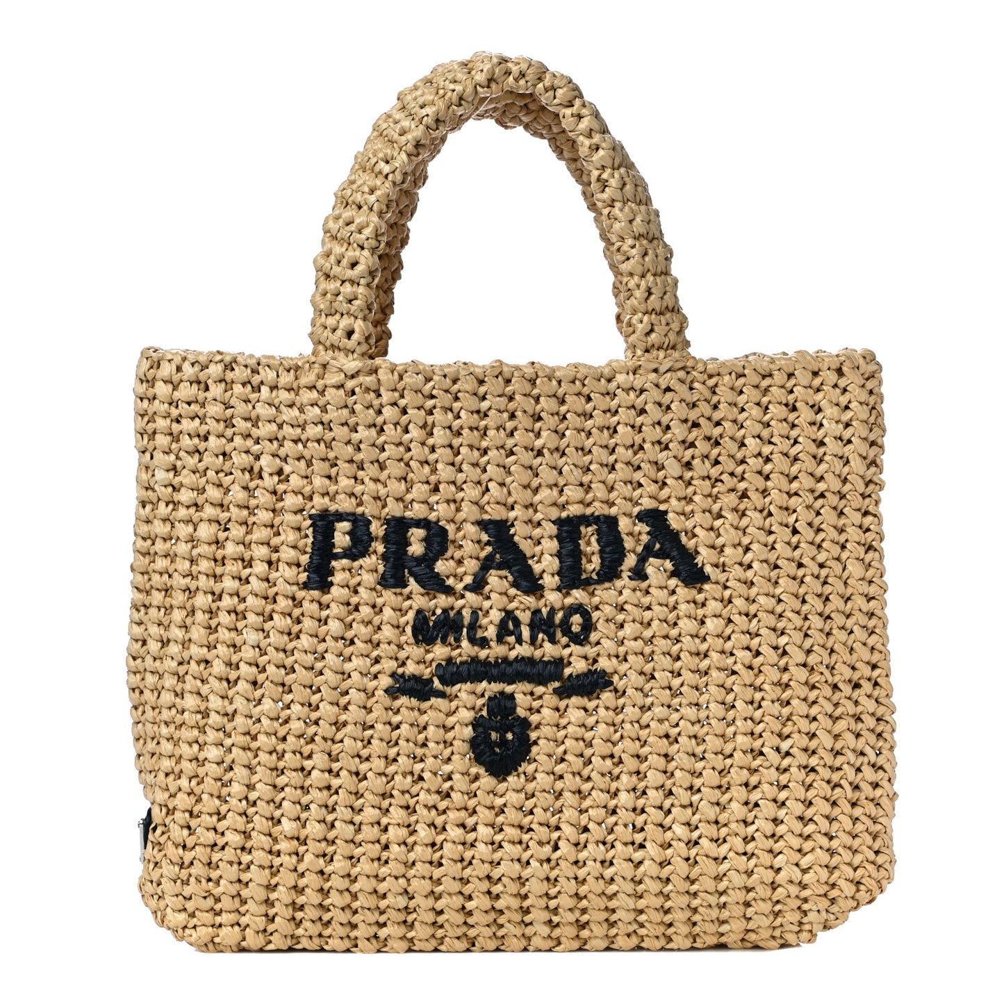 Yarn Raffia Effect Crochet Embroidered Small Logo Tote Naturale