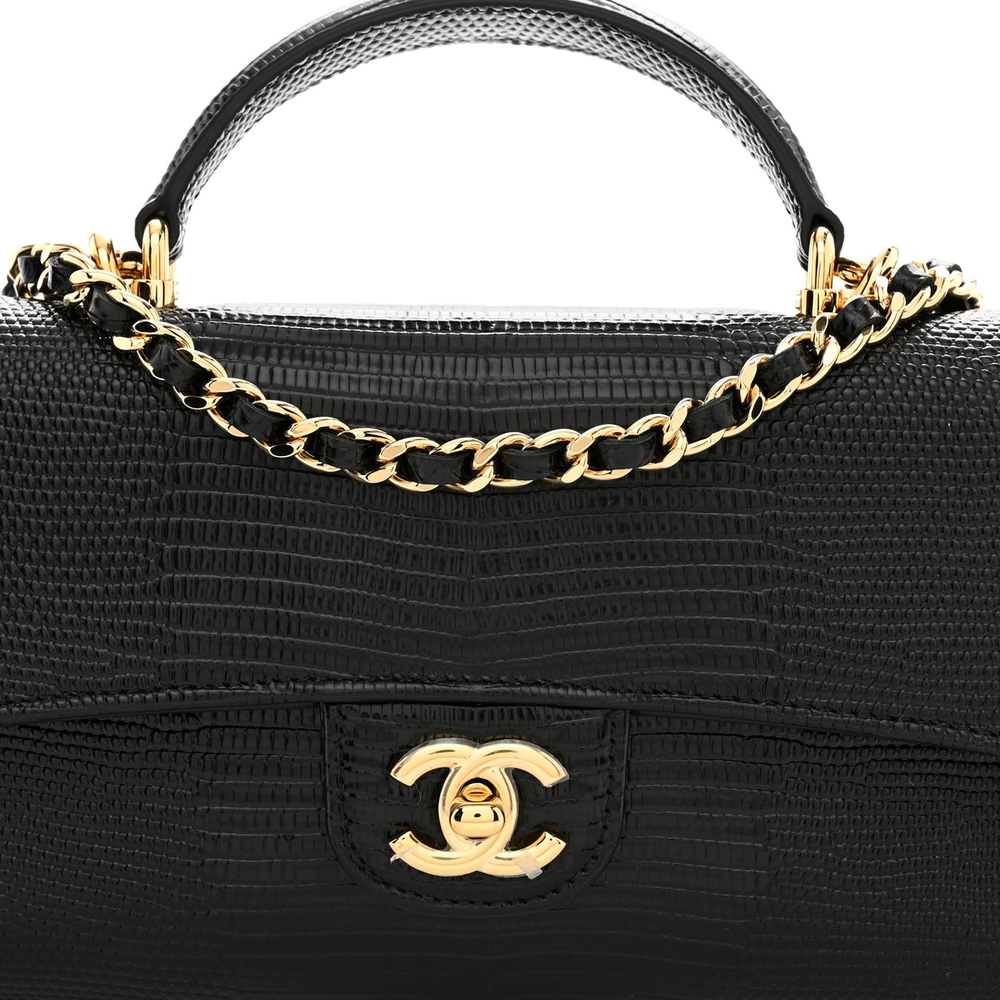 Calfskin Lizard Embossed Top Handle Long Clutch With Chain Black