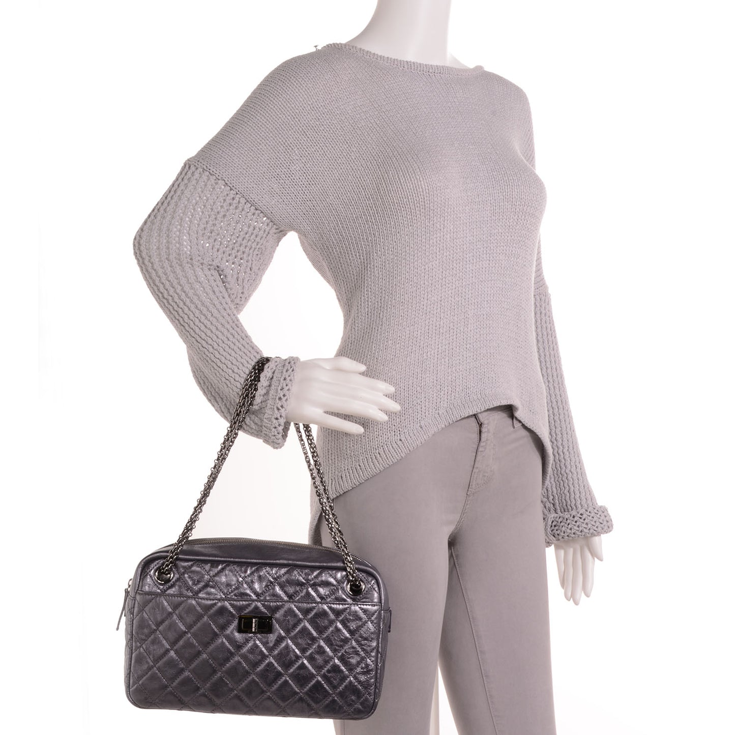 Metallic Aged Calfskin Quilted Medium Reissue Camera Case Dark Silver