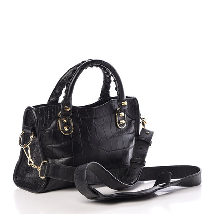 Balenciaga Calfskin Crocodile Embossed Gold Metallic Edge Hardware Mini City Black 3 of 10