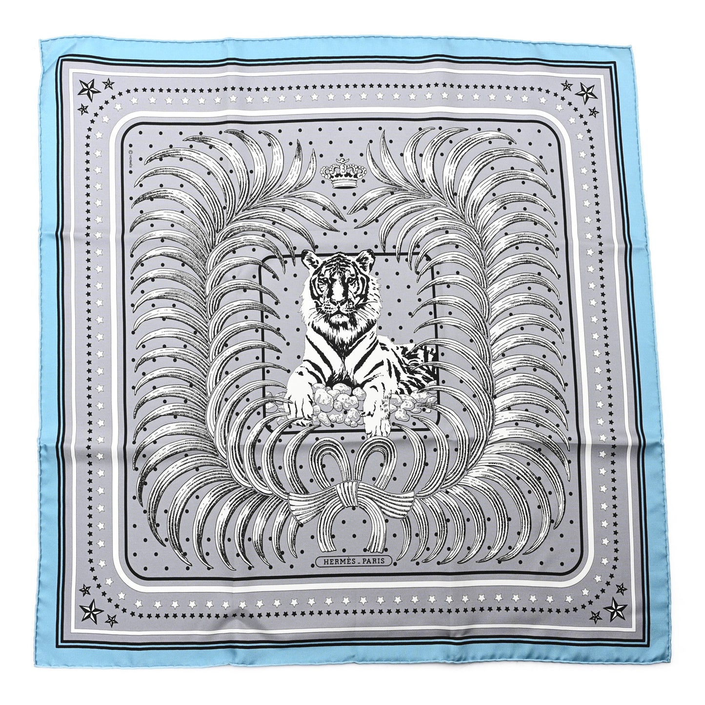 Silk Tigre Royal Bandana Scarf 55 Gris Bleu Grise White
