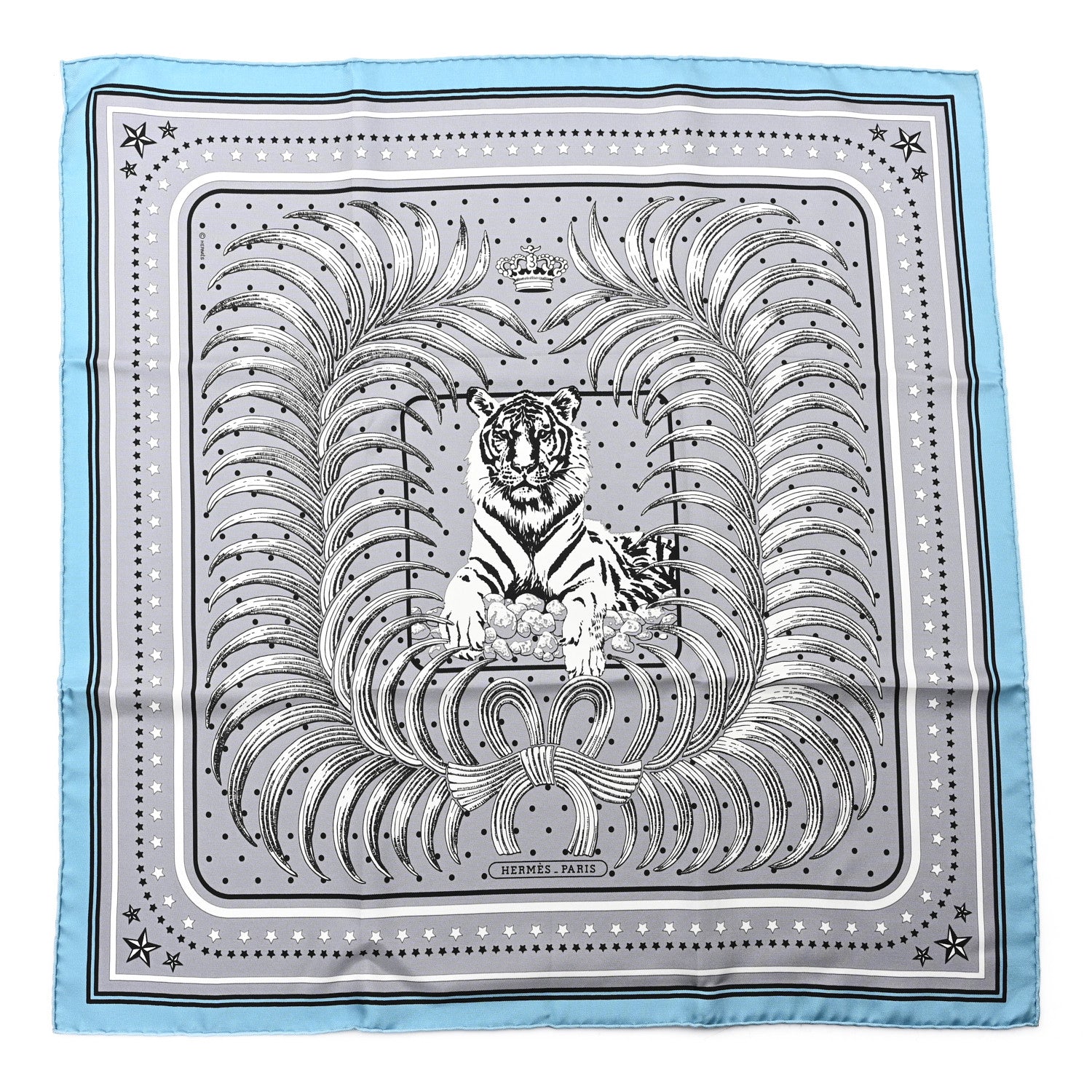 Hermes Silk Tigre Royal Bandana Scarf 55 Gris Bleu Grise White 1 of 3