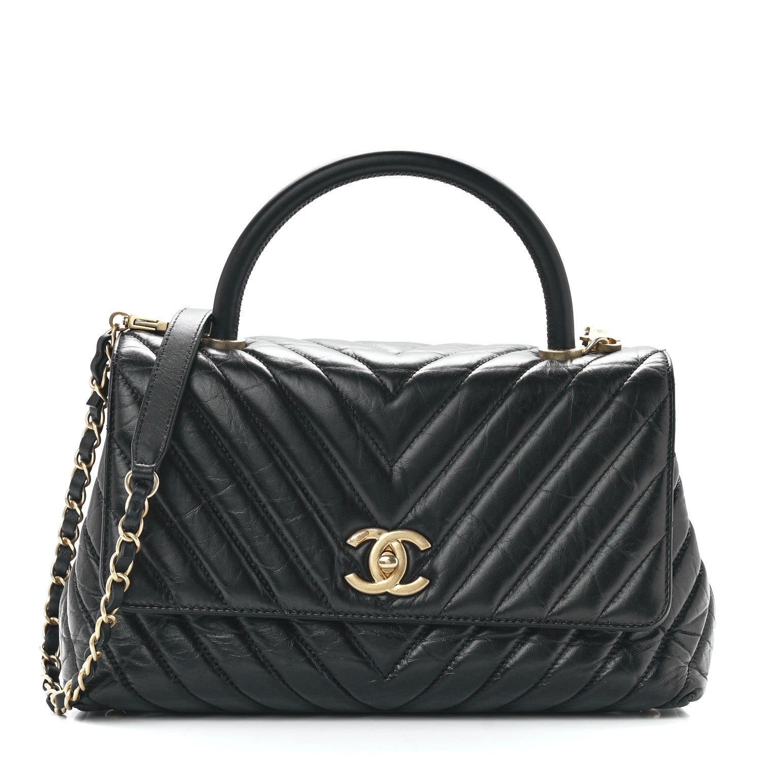 Chanel Aged Calfskin Chevron Quilted Small Coco Handle Flap Black 1 of 12