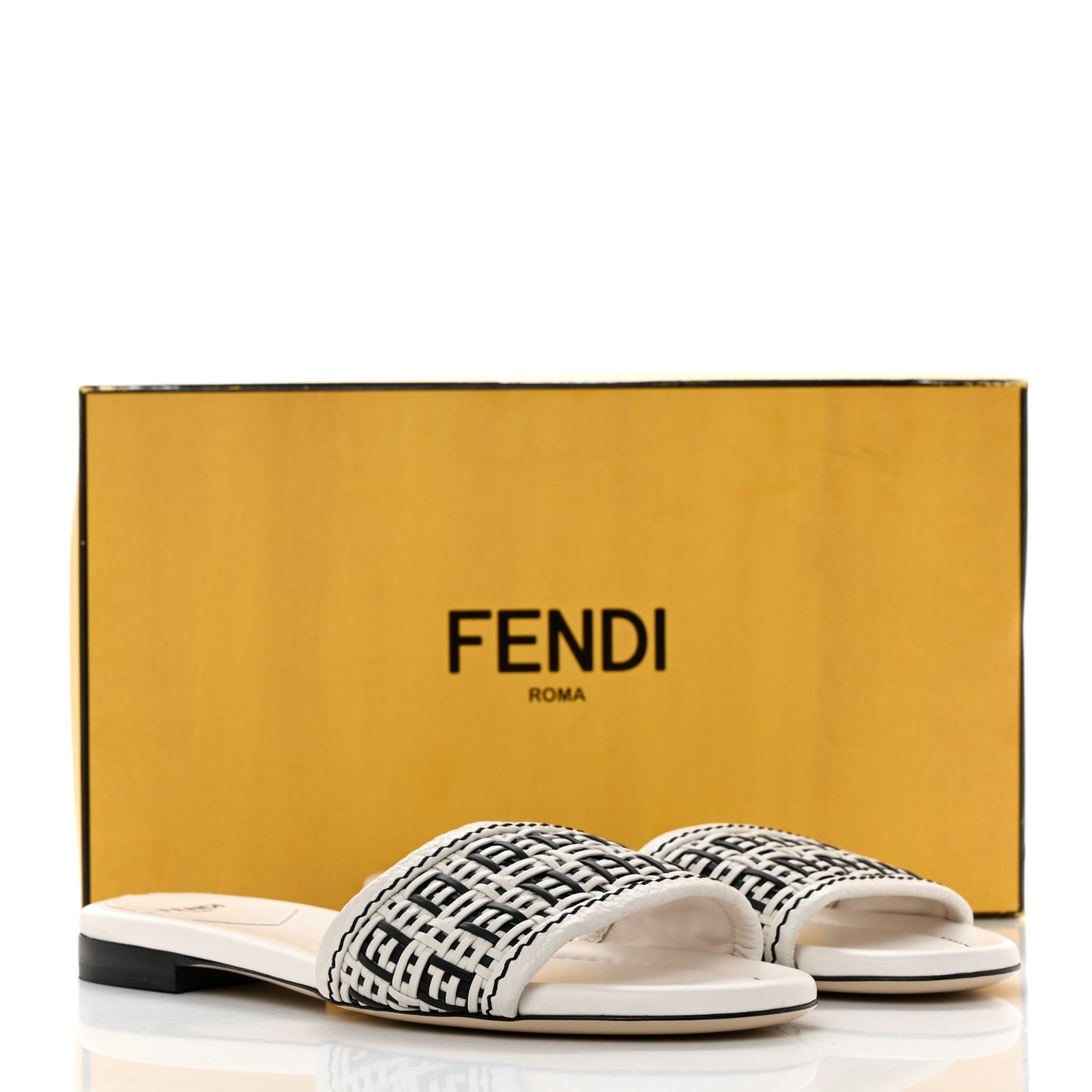 Woven Calfskin Zucca FF Flat Slide Sandals 37 White Black
