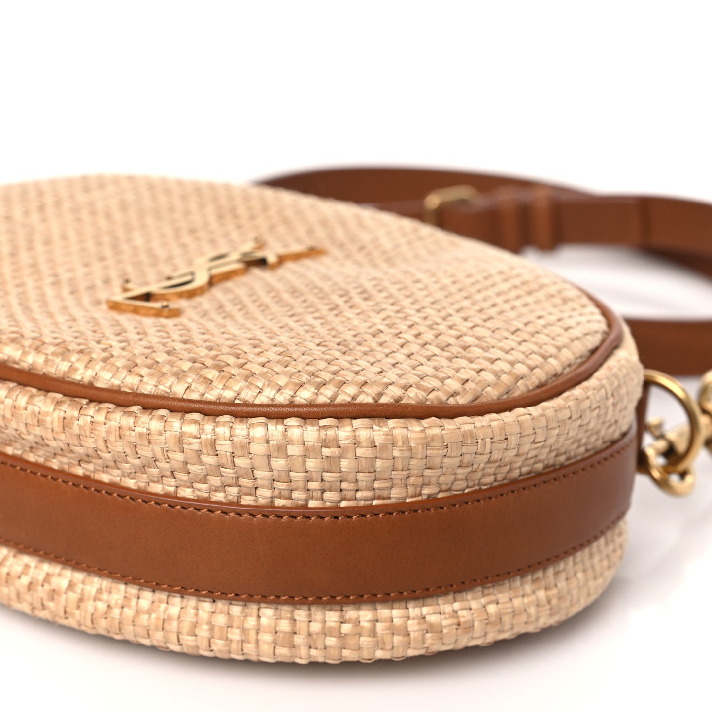 Raffia Calfskin Round Camera Bag Golden Ecru Brick