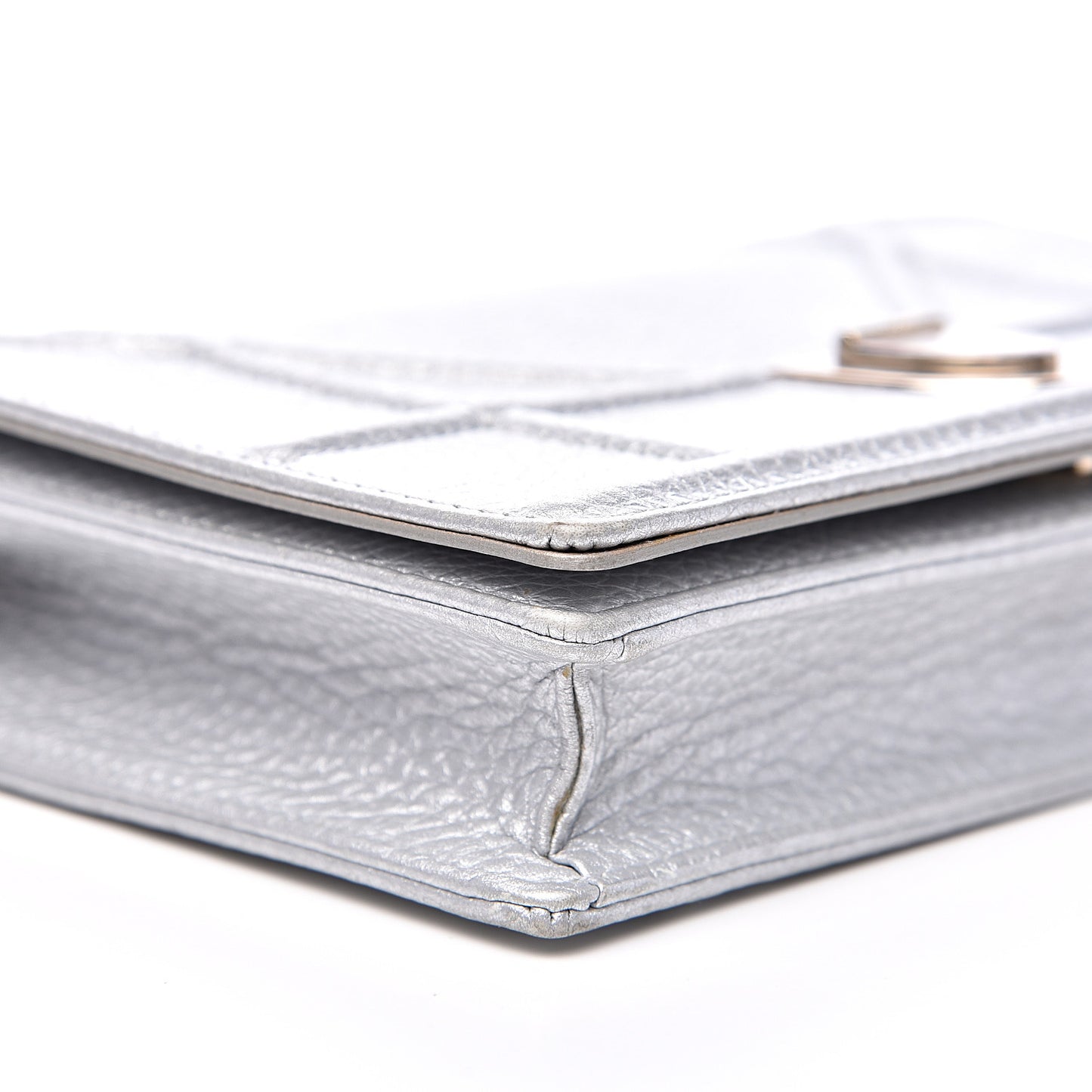 Metallic Grained Calfskin Diorama Wallet on Chain Pouch Silver
