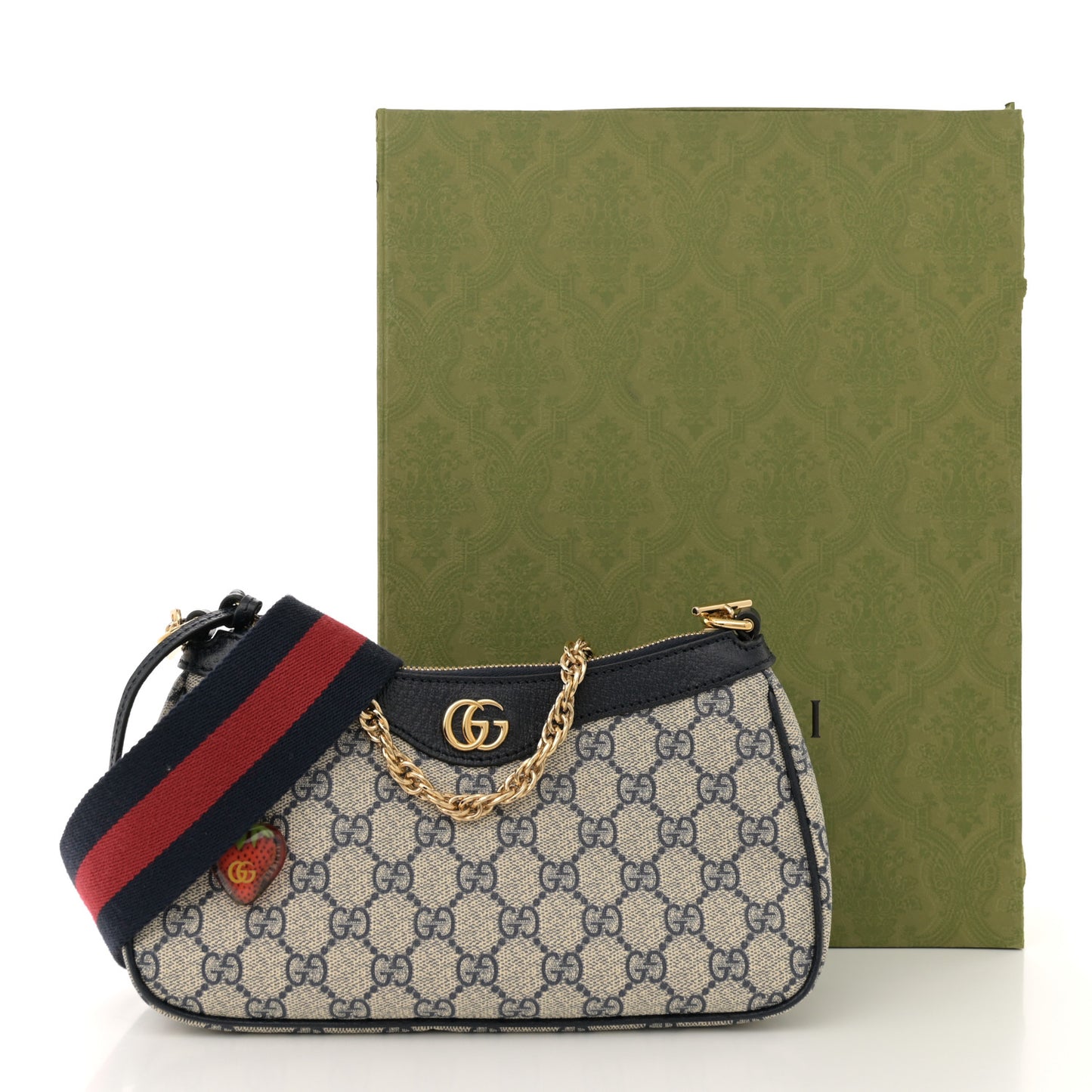 GG Supreme Monogram Textured Dollar Calfskin Web Small Ophidia GG Handbag Beige Blue