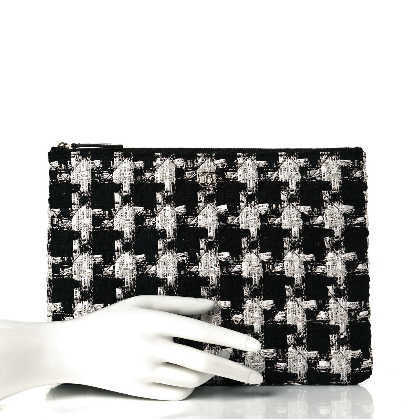 Tweed Quilted Medium Cosmetic Pouch Black Ecru White