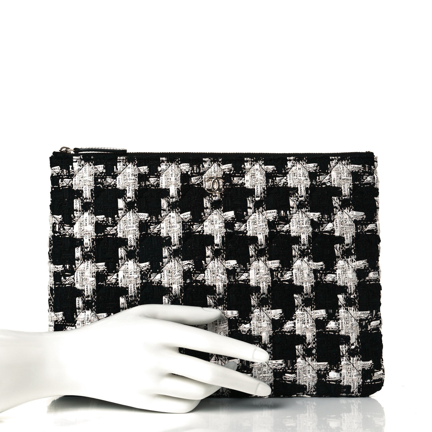 Chanel Tweed Quilted Medium Cosmetic Pouch Black Ecru White 8 of 8