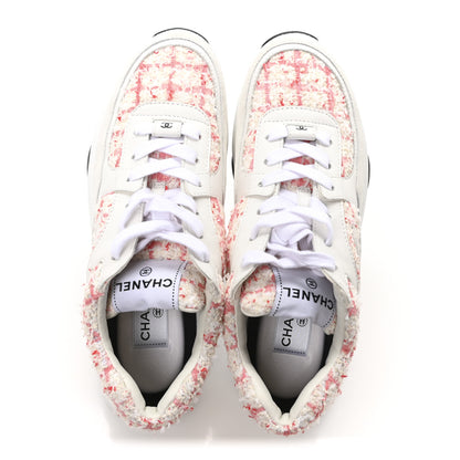 Chanel Tweed Suede Calfskin Womens CC Sneakers 40 Ecru Pink Red White 2 of 9