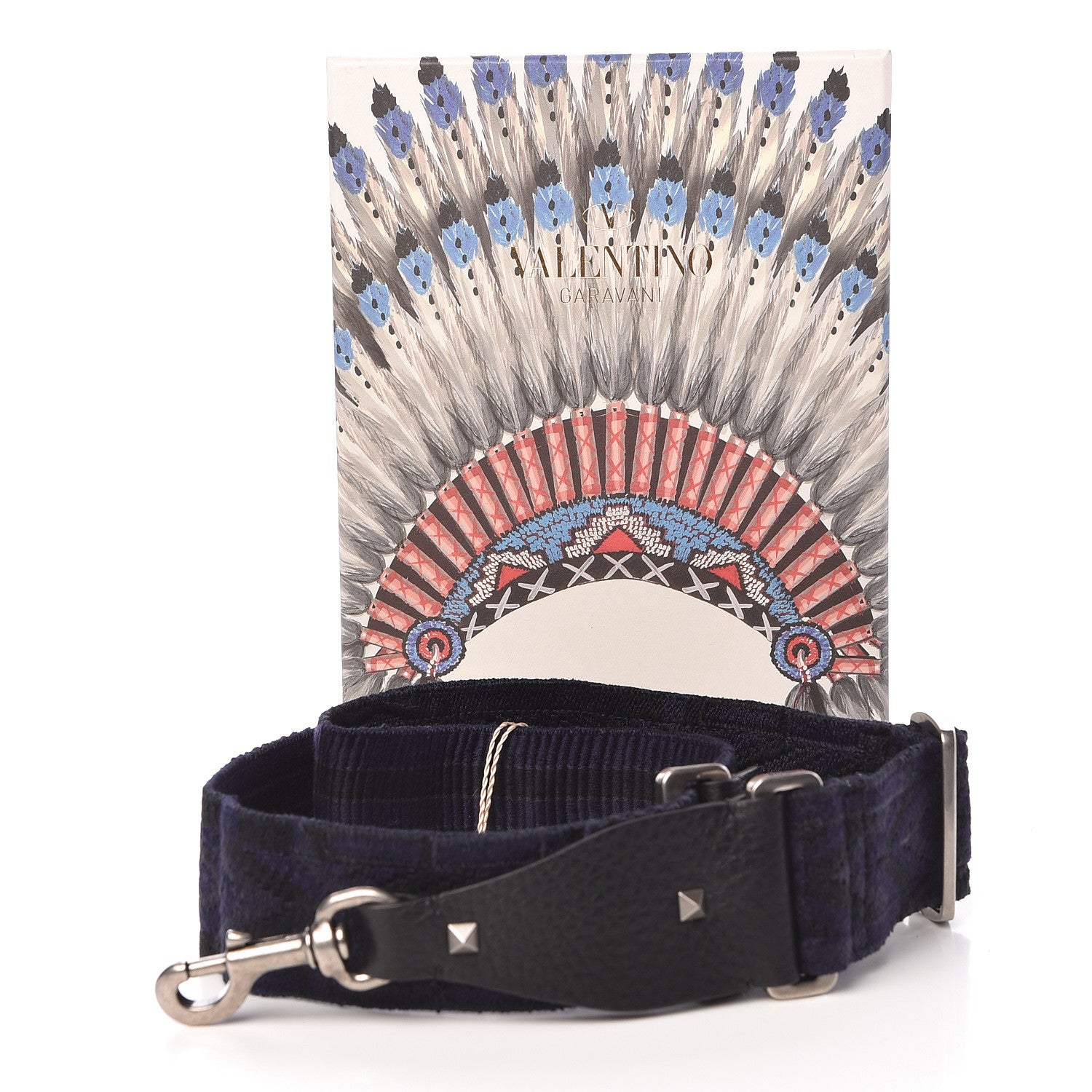 Valentino Garavani Canvas Geometric Embroidered Rockstud Guitar Strap Black Blue 5 of 5