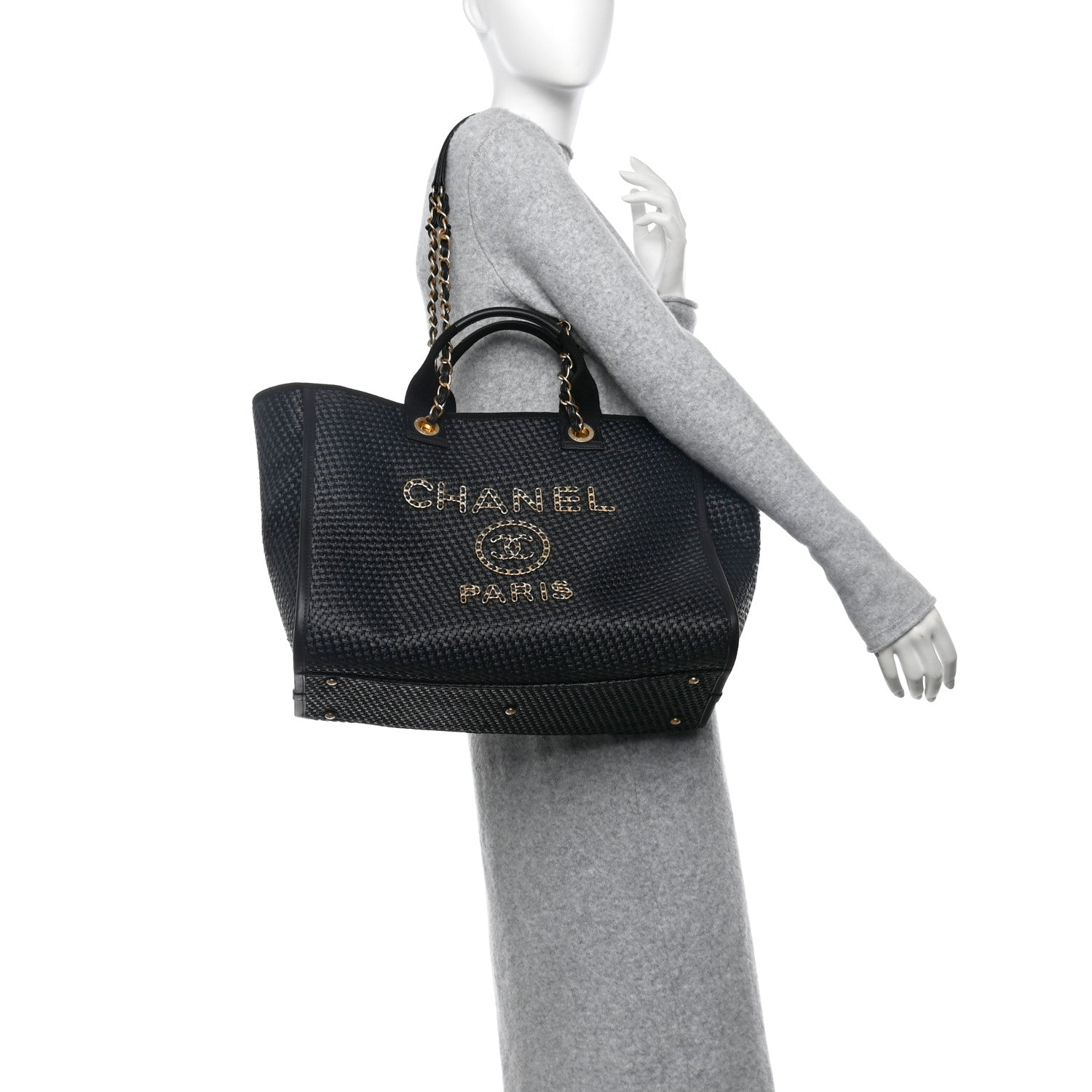 Chanel Straw Raffia Calfskin Chain Medium Deauville Tote Black 2 of 11