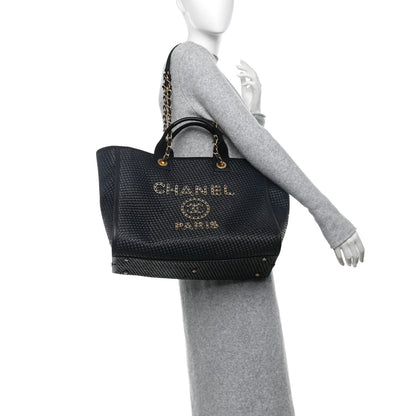 Chanel Straw Raffia Calfskin Chain Medium Deauville Tote Black 2 of 11