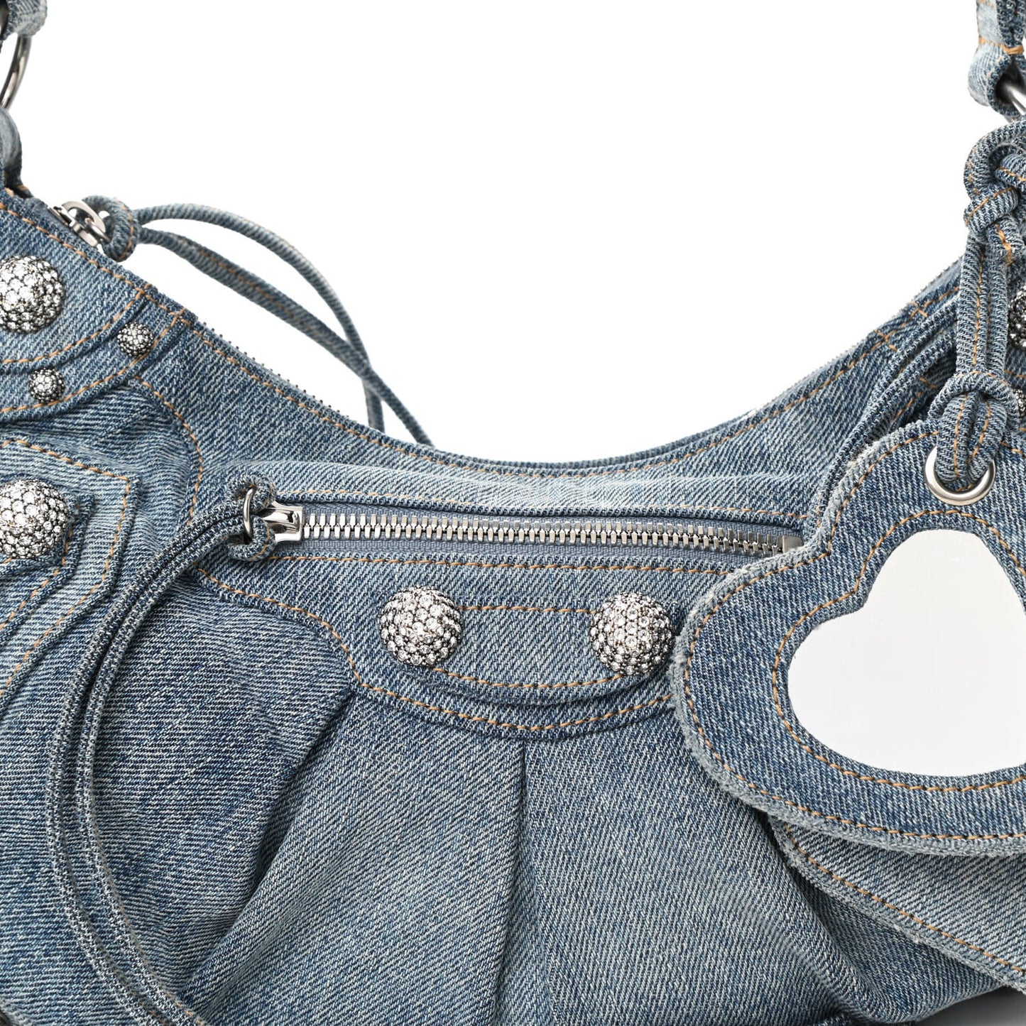 Washed Frayed Denim Crystal Small Le Cagole Shoulder Bag Blue