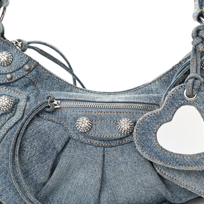 Balenciaga Washed Frayed Denim Crystal Small Le Cagole Shoulder Bag Blue 8 of 13