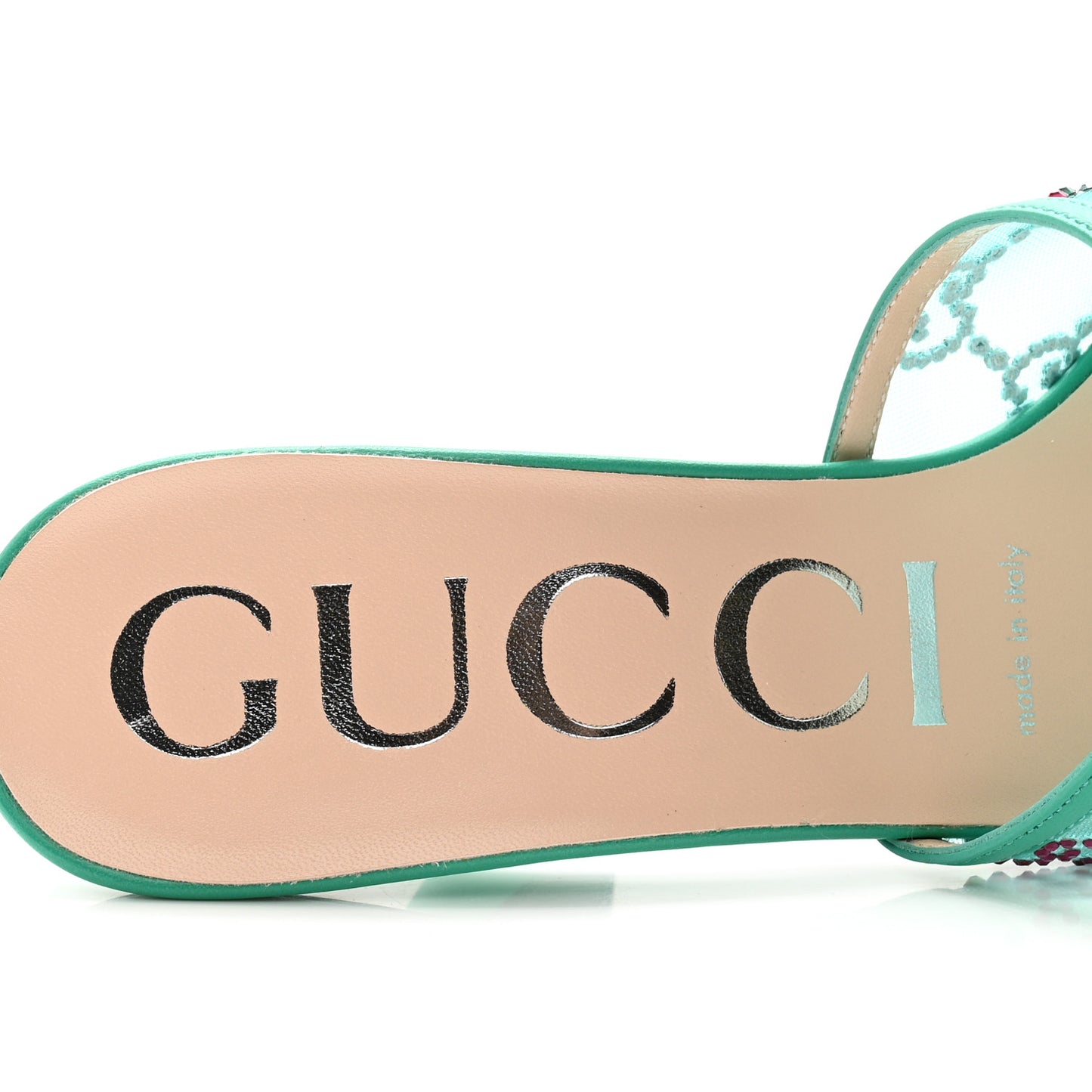 Tela Retino Nappa Crystal GG Monogram Square G 95mm Slide Sandals 37 Turquoise