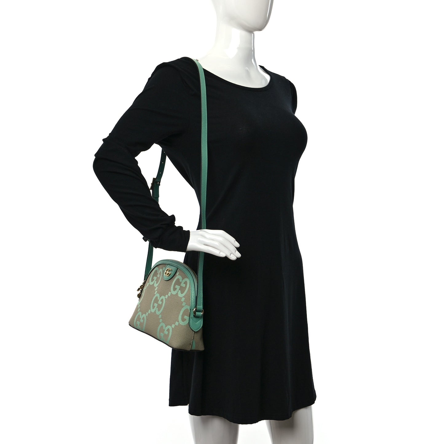 Monogram Jumbo GG Textured Dollar Calfskin Small Ophidia Dome Shoulder Bag Beige Pepperlight Mint